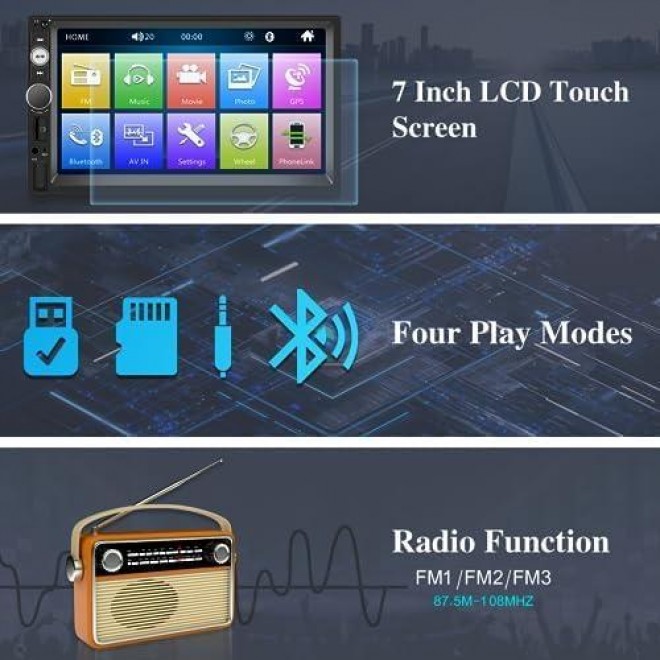 Double Din Car Radio with Bluetooth, 7 Inch Touch Screen Car Stereo