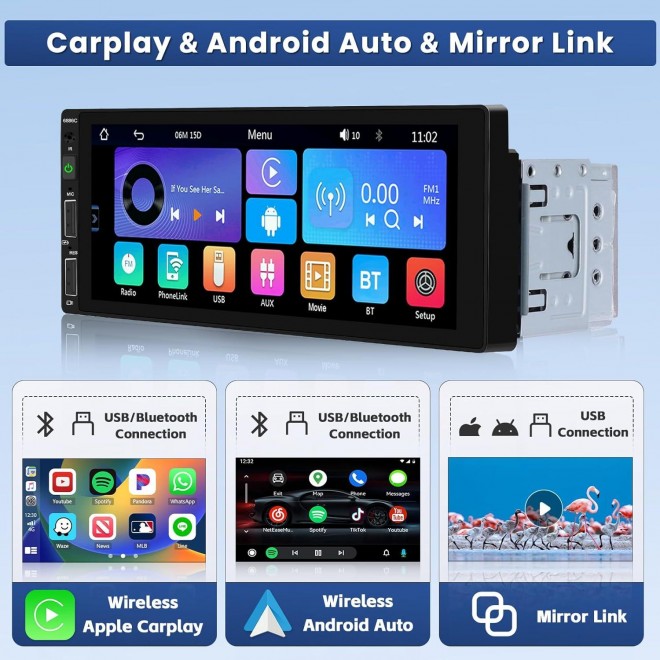 6.9 Inch Wireless Apple Carplay，Touch Screen Car Radio with Bluetooth 