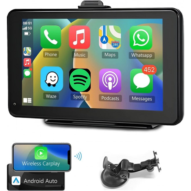 Podofo Wireless Apple Car Play Portable Car Screen, 7'' HD IPS Touchscreen Car Radio Receiver