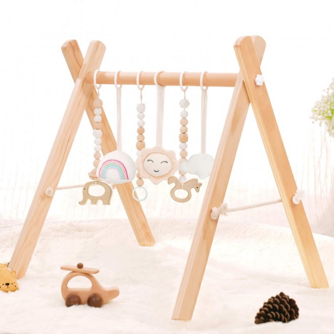 Wooden Baby Gym, Foldable Baby Play Gym Frame Activity Gym