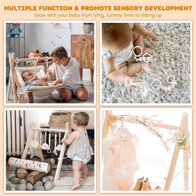 Wooden Baby Gym, Foldable Baby Play Gym Frame Activity Gym