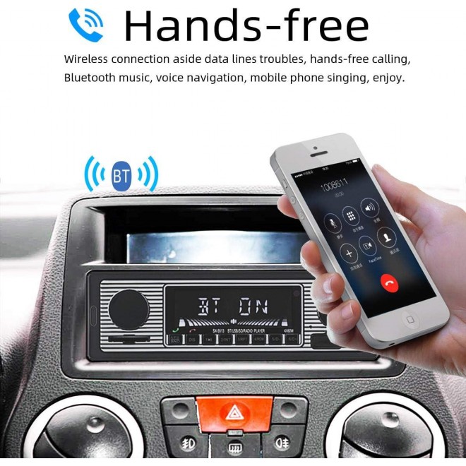 Classic Bluetooth Car Stereo, FM Radio Receiver, Hands-Free Calling