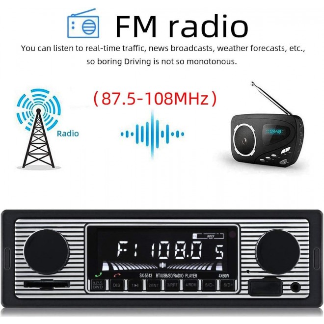 Classic Bluetooth Car Stereo, FM Radio Receiver, Hands-Free Calling