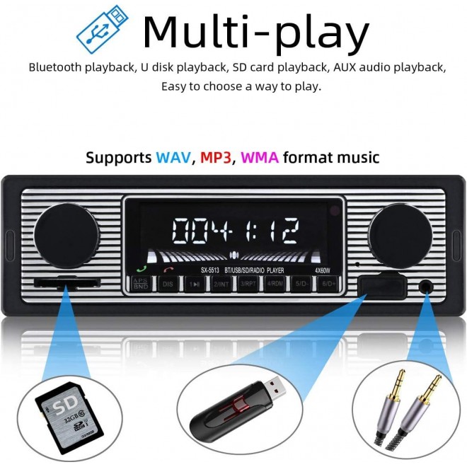 Classic Bluetooth Car Stereo, FM Radio Receiver, Hands-Free Calling