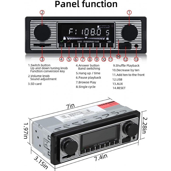 Classic Bluetooth Car Stereo, FM Radio Receiver, Hands-Free Calling