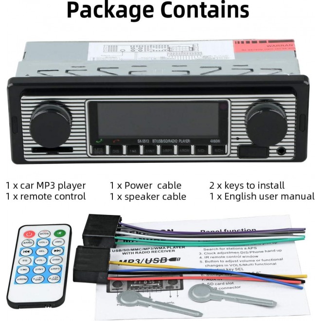 Classic Bluetooth Car Stereo, FM Radio Receiver, Hands-Free Calling