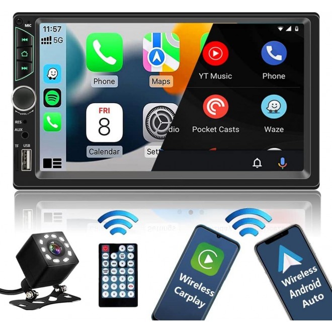 Double Din Car Stereo with Wireless Apple Carplay,Wireless Android Auto,7 inch HD Touch Screen Car Radio 