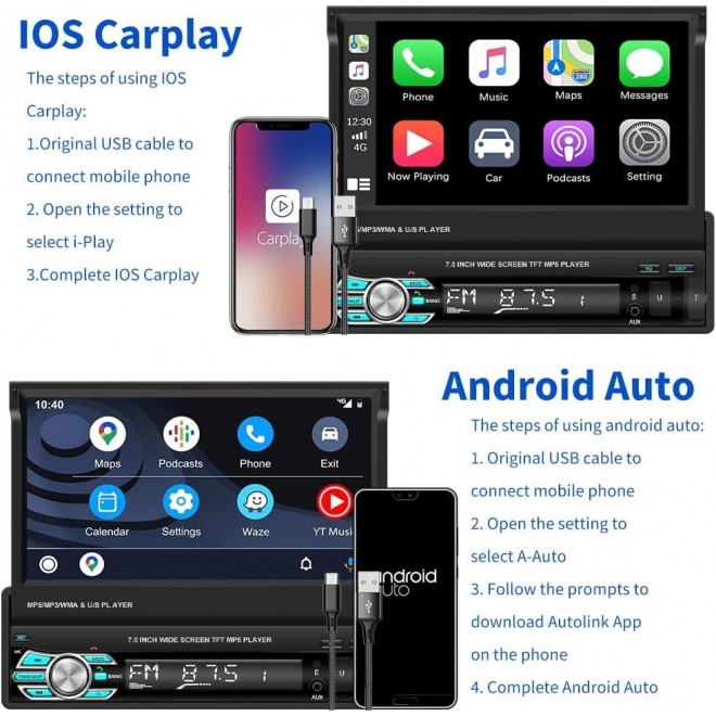 Hikity Apple Carplay Android Auto Single Din Car Stereo Radio, 7 Inch Flip Out Touch Screen Bluetooth