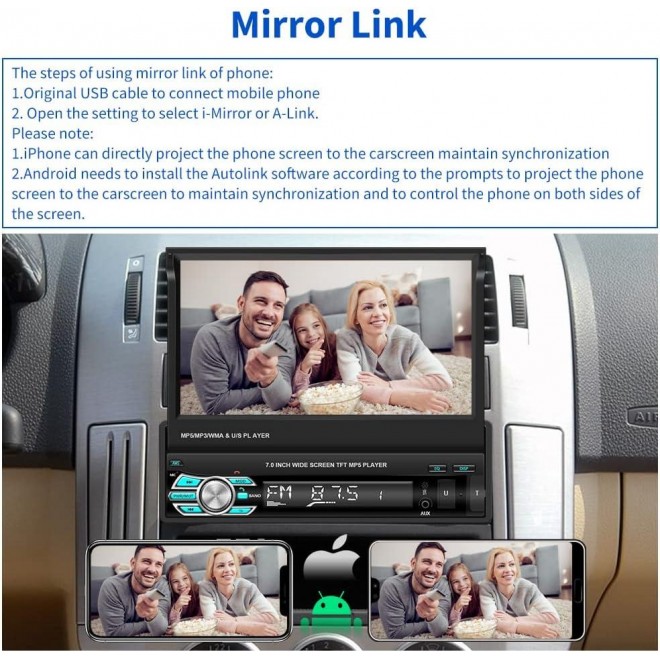 Hikity Apple Carplay Android Auto Single Din Car Stereo Radio, 7 Inch Flip Out Touch Screen Bluetooth