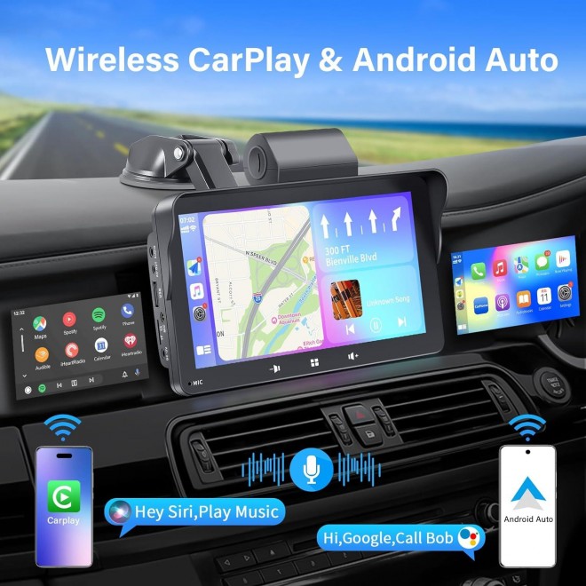 Wireless Apple Carplay & Android Auto, Portable Apple Car Play 2.5K Dash Cam