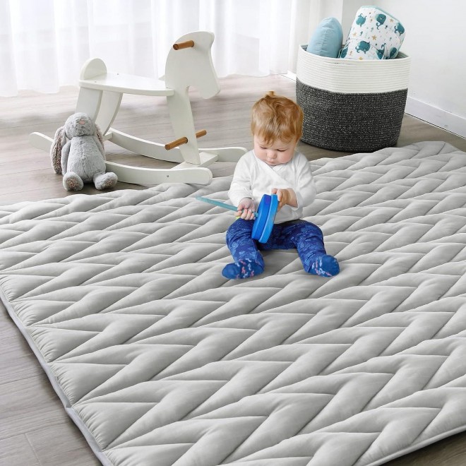 Play Mat for Playpen, Muslin Baby & Kids Play Mat, Non Slip Cushioned Crawling Mat