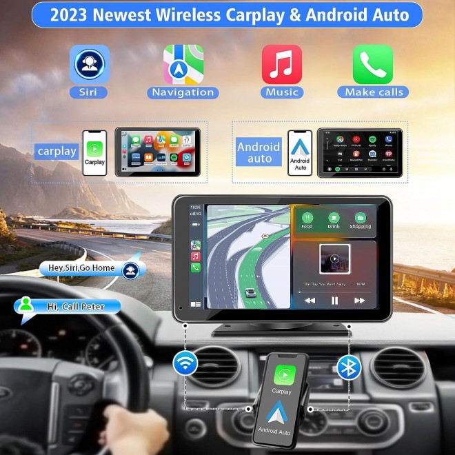 PASLDA Portable Newest Wireless Apple CarPlay and Android Auto Screen for Car