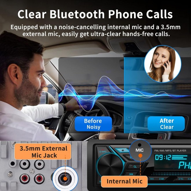 Bluetooth Single Din Car Radio: Marine Stereo Receivers - Multimedia Car Audio with AM FM