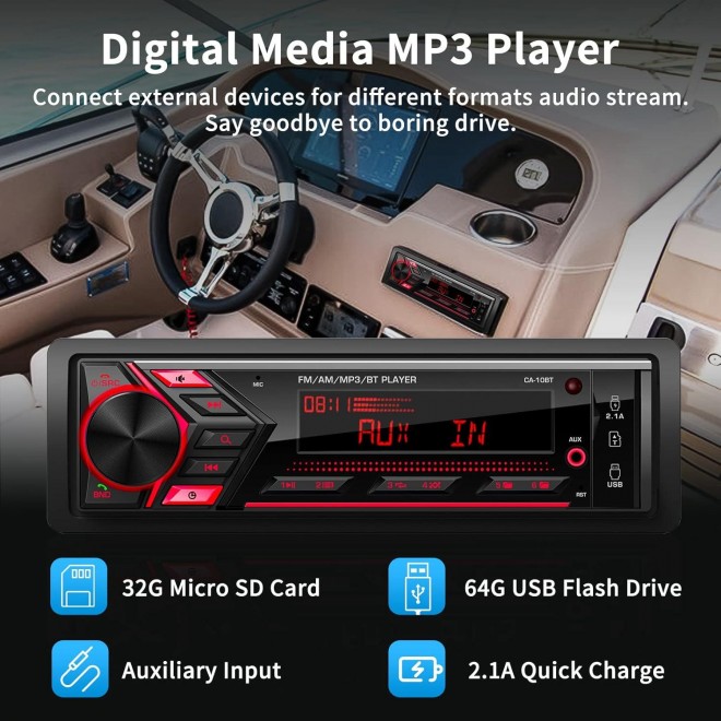 Bluetooth Single Din Car Radio: Marine Stereo Receivers - Multimedia Car Audio with AM FM