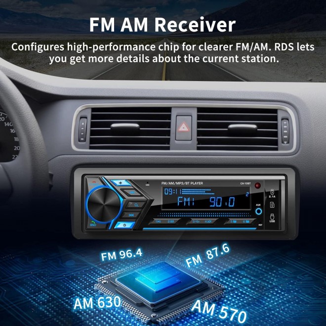 Bluetooth Single Din Car Radio: Marine Stereo Receivers - Multimedia Car Audio with AM FM