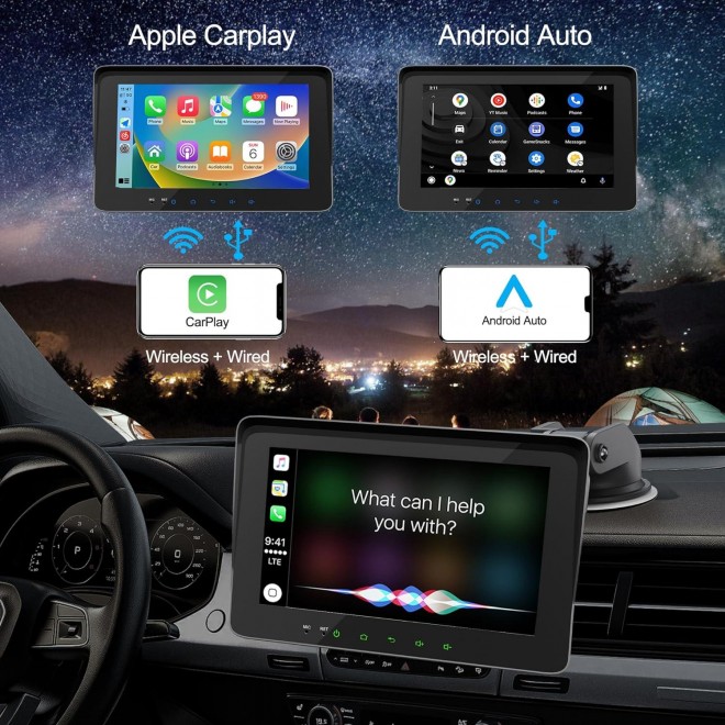 EZHOLF Portable Wireless Carplay Car Stereo with Backup Camera-7 HD IPS Screen, Android Auto