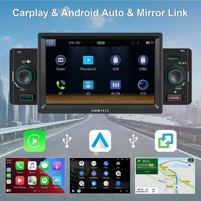 Single Din Car Stereo with Apple Carplay Android Auto, 5 Inch Touchscreen Car Radio 