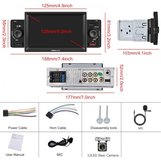 Podofo Single Din Car Stereo with Apple Carplay Android Auto, 5 Inch HD IPS Touch Screen Bluetooth