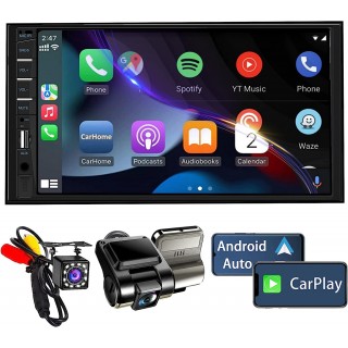 Double Din Car Stereo with Dash Cam | 7INCH Touchscreen Car Radio Receiver Support with Apple Carplay 