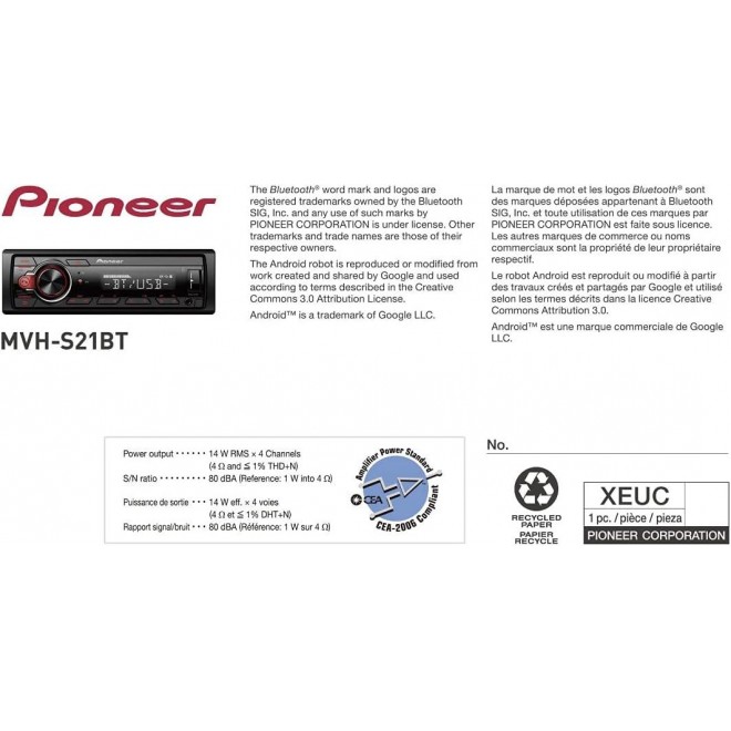 Pioneer MVH-S21BT Digital Media Receiver, Single DIN, in-Dash