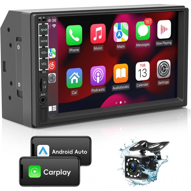 Double Din Car Stereo with Apple Carplay and Android Auto, 7 Inch HD Touchscreen