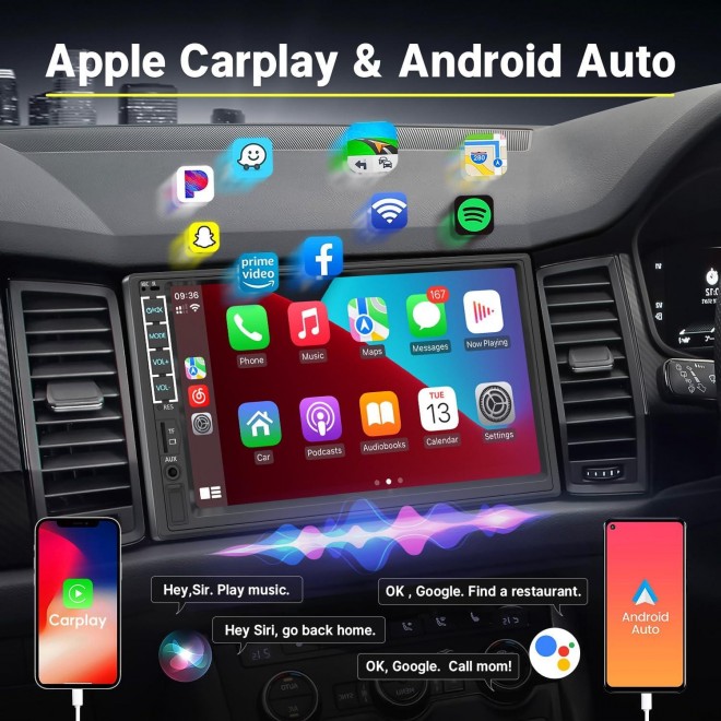 Double Din Car Stereo with Apple Carplay and Android Auto, 7 Inch HD Touchscreen