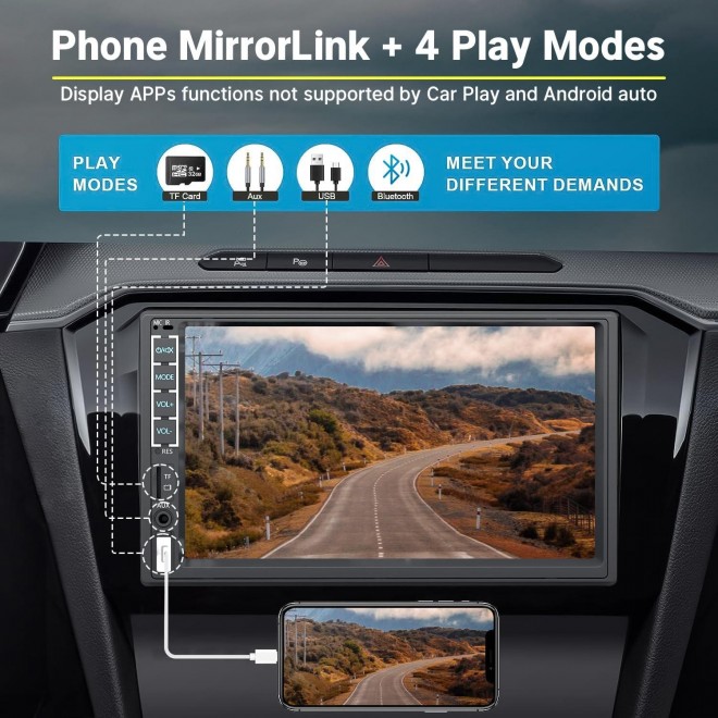 Double Din Car Stereo with Apple Carplay and Android Auto, 7 Inch HD Touchscreen