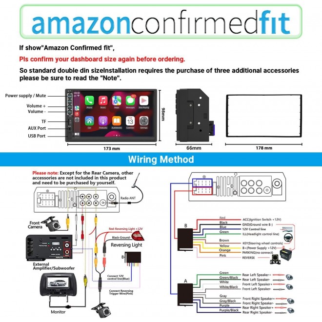 Double Din Car Stereo with Apple Carplay and Android Auto, 7 Inch HD Touchscreen