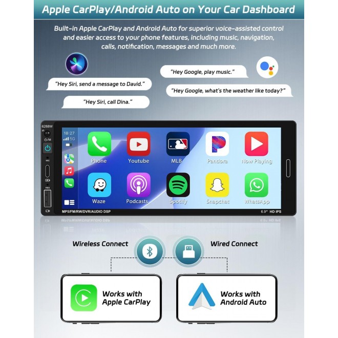 Roinvou Single Din Car Stereo Compatible with Wireless Apple Carplay and Android Auto