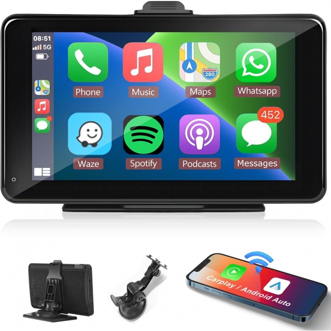 Podofo Portable Car Stereo Wireless Apple Carplay Android Auto