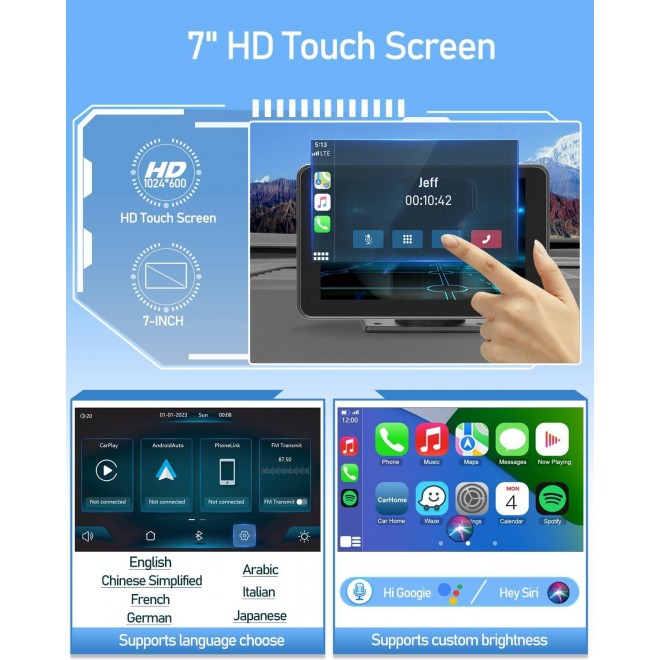 Wireless Double Din Car Stereo Compatible with Apple CarPlay and Android Auto,7 HD Portable Bluetooth