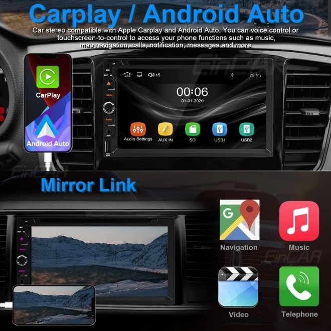 Double Din DVD Car Stereo Carplay Android Auto Touch Screen Car Audio Radio