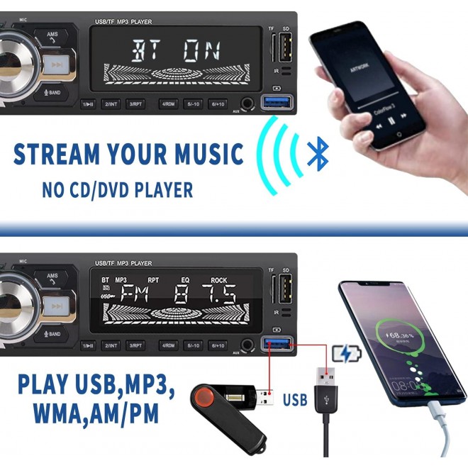 HLLECARMO 1Din Wireless Music Streaming Car Stereo Bluetooth Hands-Free Calling with Microphone