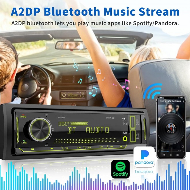 Single Din Car Stereo Receiver: Bluetooth Car Radio System - Marine Audio with LCD Display