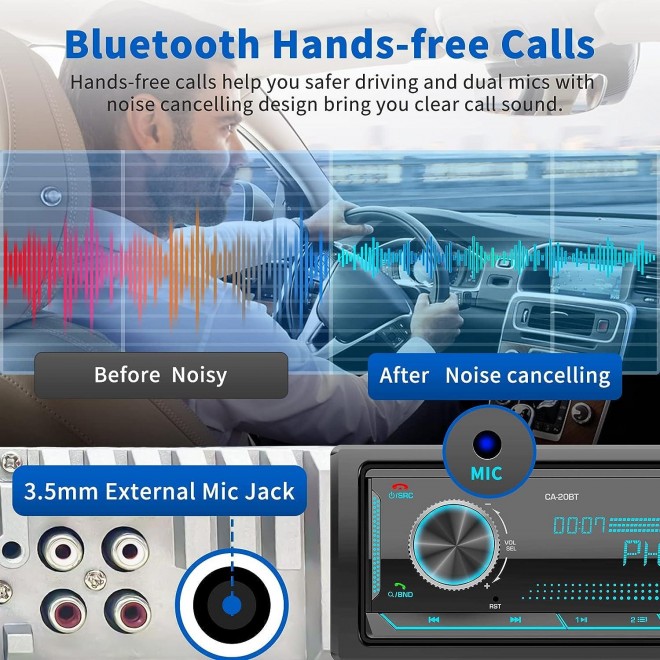 Single Din Car Stereo Receiver: Bluetooth Car Radio System - Marine Audio with LCD Display