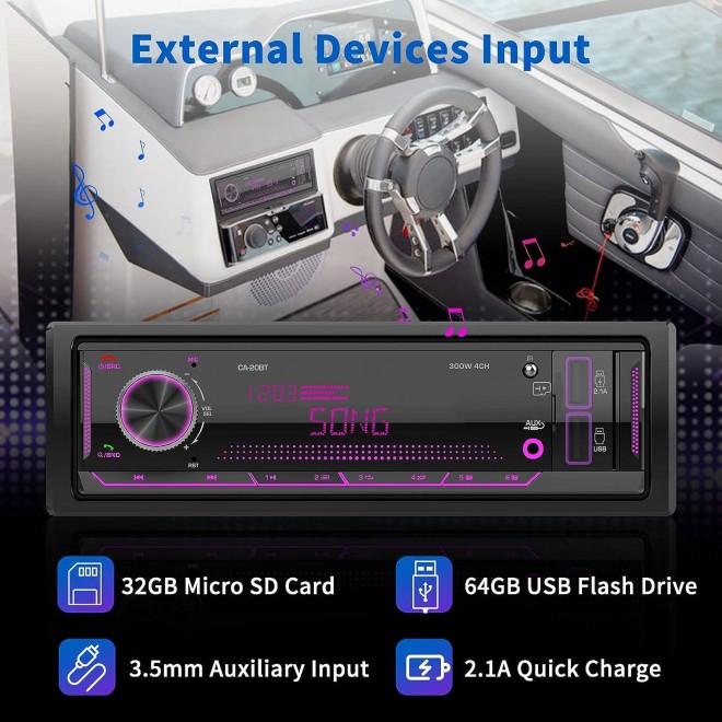 Single Din Car Stereo Receiver: Bluetooth Car Radio System - Marine Audio with LCD Display