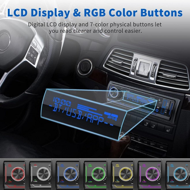 Single Din Car Stereo Receiver: Bluetooth Car Radio System - Marine Audio with LCD Display