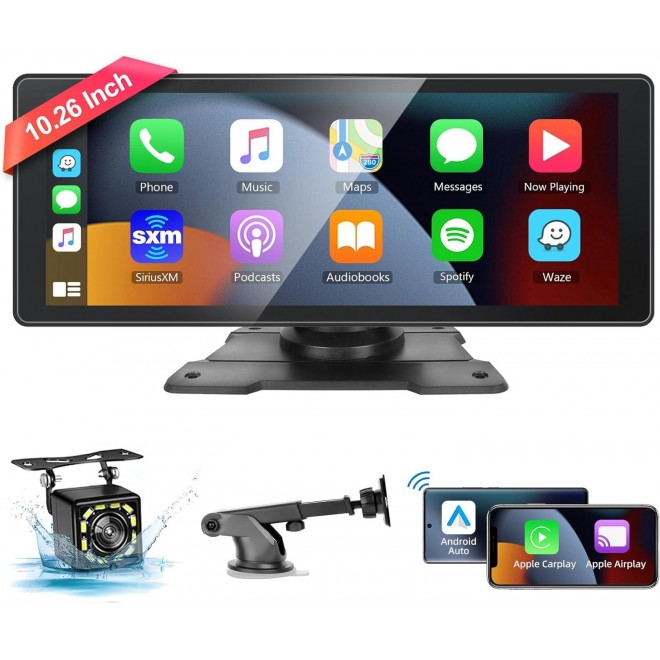 Podofo 10.26'' Portable Carplay Screen with HD Rear Backup Camera,Touch Screen