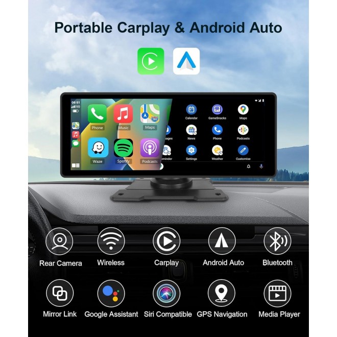 Podofo 10.26'' Portable Carplay Screen with HD Rear Backup Camera,Touch Screen