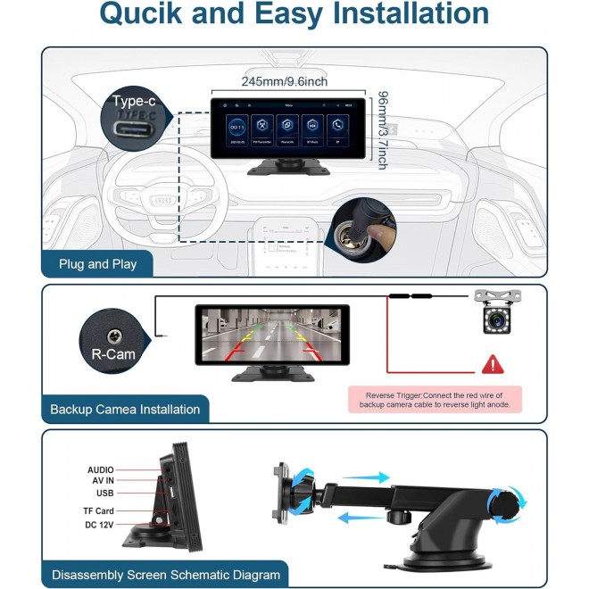 Podofo 10.26'' Portable Carplay Screen with HD Rear Backup Camera,Touch Screen