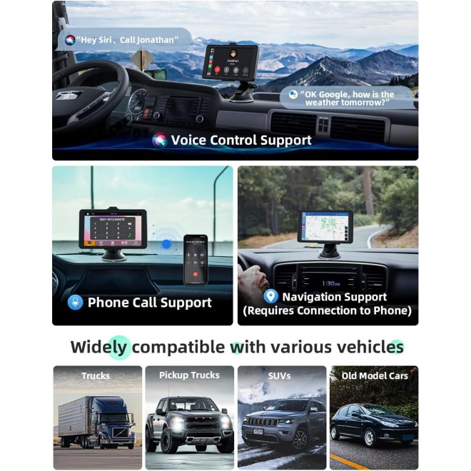 AX2V Wireless Apple CarPlay Car Stereo, Portable 7'' Car Touch Screen