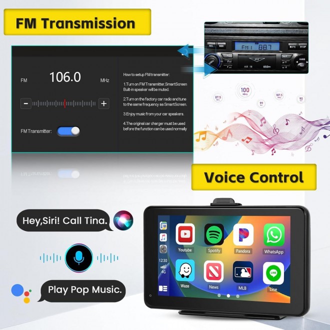 Portable Apple Carplay Screen , 7 Inch Touchscreen Wireless Carplay Screen