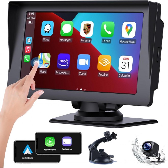 LAMTTO Portable 7 Inch Wireless Apple Carplay & Android Auto with Reverse Camera