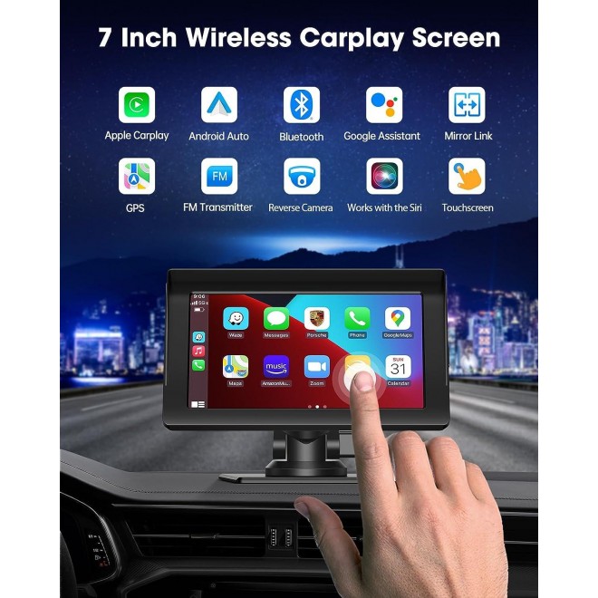 LAMTTO Portable 7 Inch Wireless Apple Carplay & Android Auto with Reverse Camera