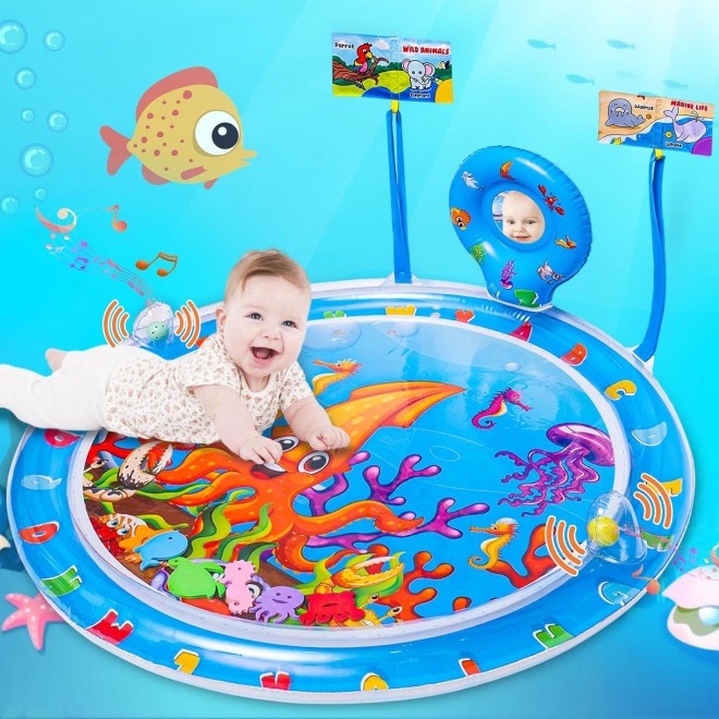 SHIDEER  Tummy Time Water Mat For Babies, 5 In 1 Water Play Mat With Mirror, Teether Soft