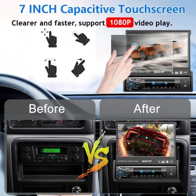 Single Din Touchscreen Car Stereo with Apple Carplay & Android Auto, 7INCH Flip Out Screen Car Stereo