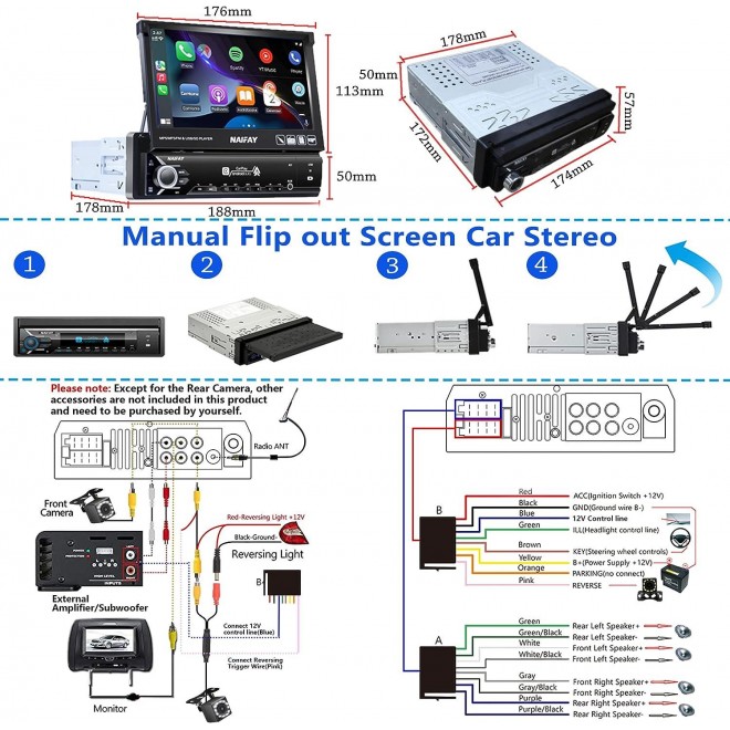 Single Din Touchscreen Car Stereo with Apple Carplay & Android Auto, 7INCH Flip Out Screen Car Stereo