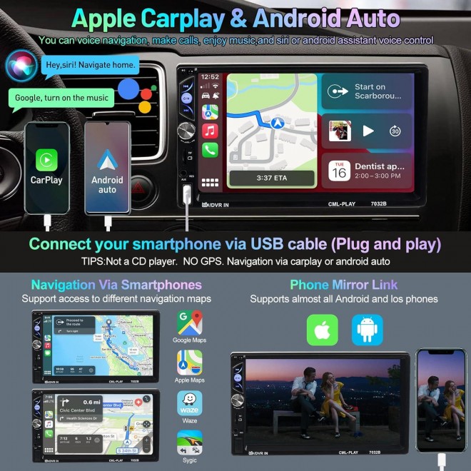 ACTASIAN Double Din Car Stereo with Apple Carplay and Android Auto