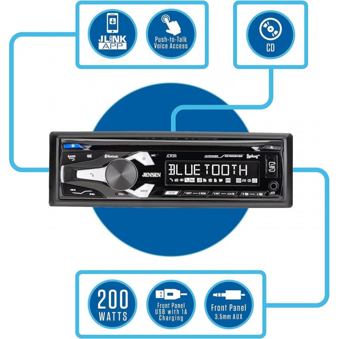 Jensen JCR311 10 Character LCD Single DIN Car Stereo Radio CD Player Push to Talk Assistant Bluetooth