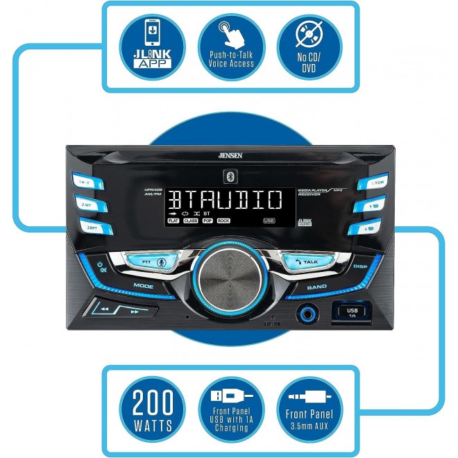 Jensen MPR420 7 Character LCD Double DIN Car Stereo Radio | Bluetooth Hands Free Calling